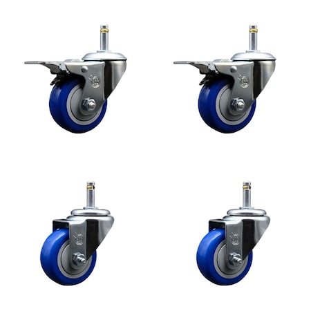 Service Caster 3'' Blue Poly Wheel Swivel 7/16'' Stem Caster Set 2 Total Lock Brake, 4PK SCC-GRTTL20S314-PPUB-BLUE-716138-2S2